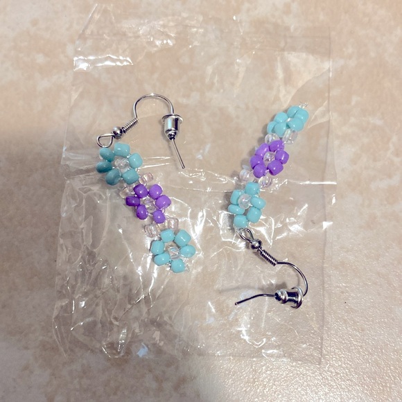 Accessories - Glass Bead Flower Earrings Handmade Purple & Blue Dangle Earring